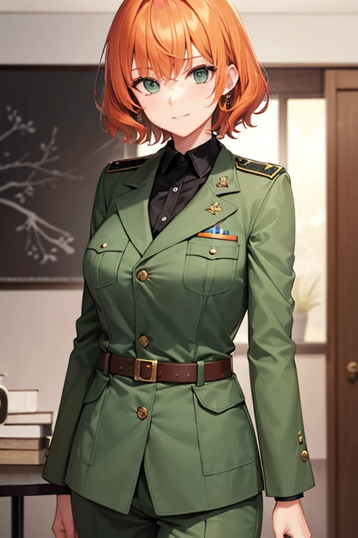 with short orange hair and a wavy fringe, formal military suit and green eyes