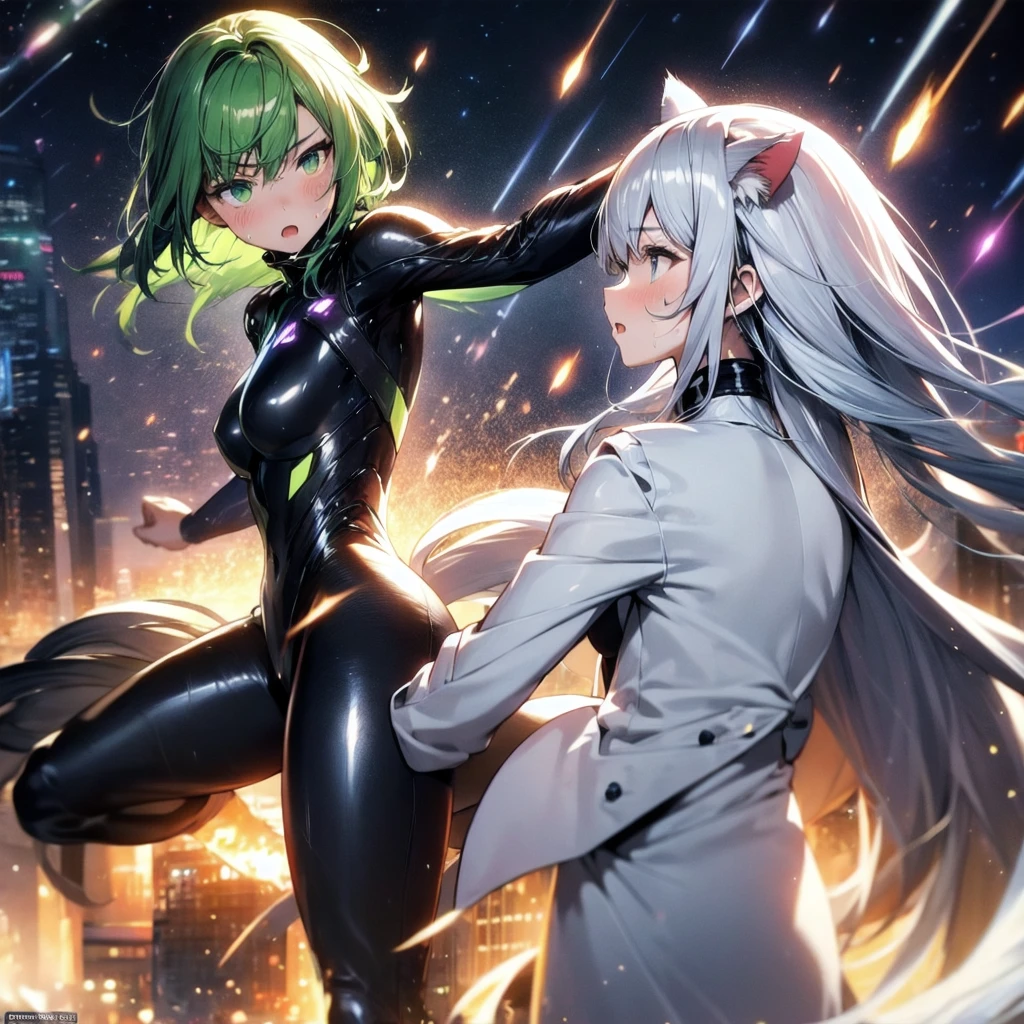 prompts A silver-haired beautiful girl with cat ears eyes are green hair is silver and long clothes: a form-fitting black combat suit The fist is an afterimage The background is a city at night her is in a cat-like fighting pose The year is  monitor, Dark Night, Sweat, Steam of Exhalation, Space, Battle, Dynamic Angle,