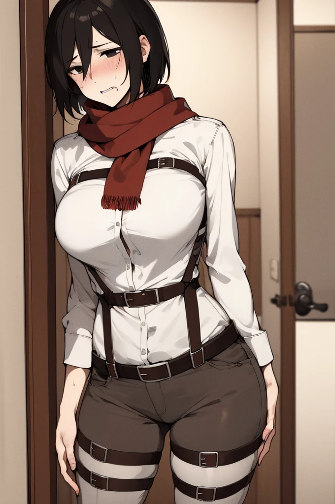 masterpiece, best quality, highres, hmmikasa, short hair, black eyes, scarf, belt, thigh strap, red scarf, white pants, white shirt, standing, cowboy shot,,,sweating,(trembling:1.2)