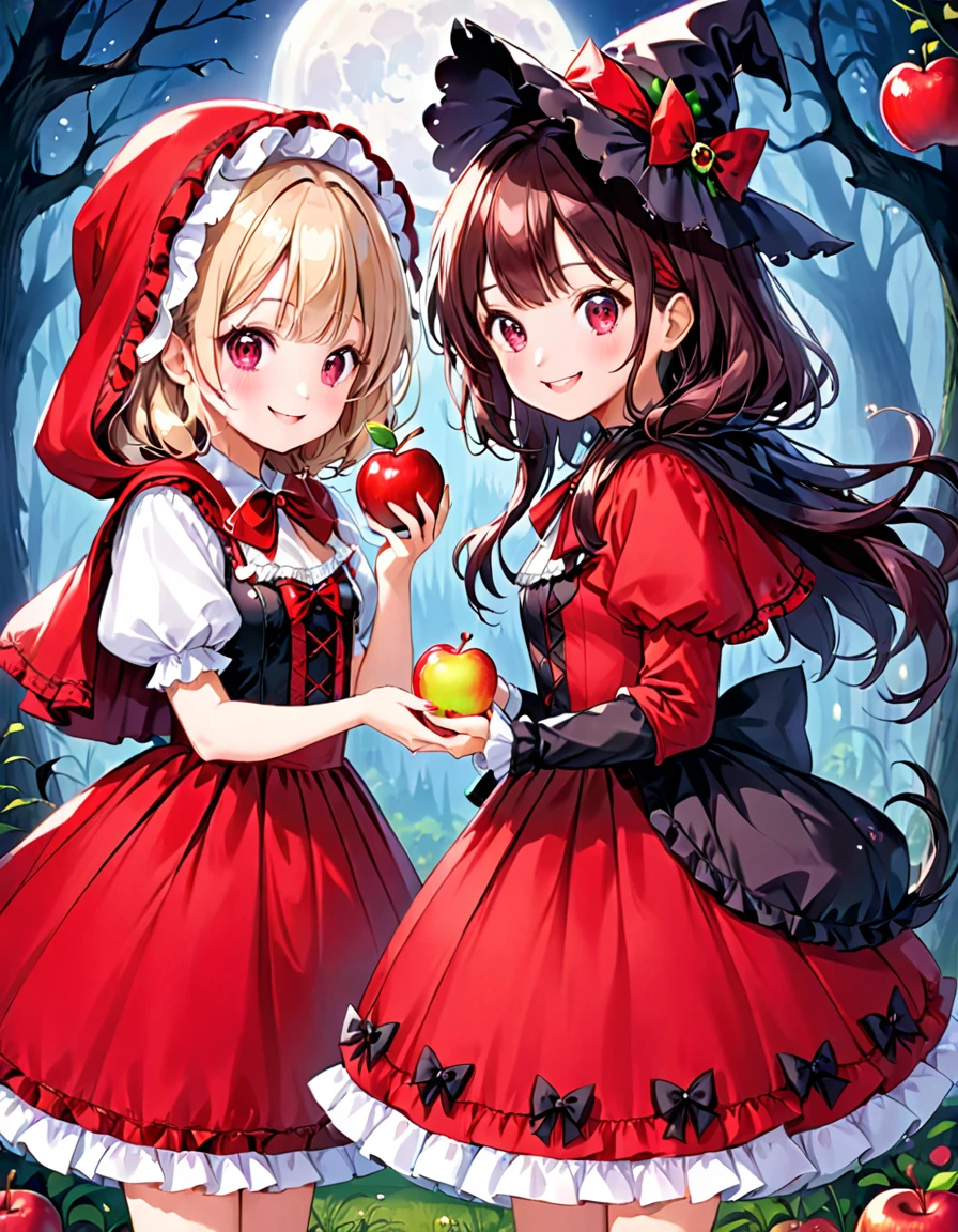 fairy tale　Little Red Riding Hood　A cute girl wearing a cute red Lolita-style dress　Adorable smile　A scary-looking witch next to a beautiful girl、Handing the apple to the girl