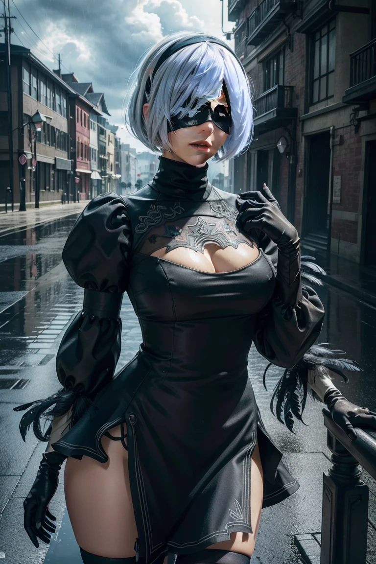 2B Nier Automata,Bobcut, Gray Hair,Long sleeve, Juliet Sleeve, White gloves, turtleneck, bangs, Feather ornament, Feather ornament sleeves, Blindfold, Black Goth Dress,Japanese Ultra HD,super high quality,masterpiece,Digital SLR,Photorealistic,Detailed details,Vivid details,Depicted in detail,A detailed face,Detailed details,Super Detail,Realistic skin texture,Anatomical basis,Perfect Anatomy,Anatomically correct hand,Anatomically correct fingers,Complex 3D rendering,Sexy pose,Rainy Sky,Beautiful scenery,Fantastic rainy sky,Fantasy worldview,Picturesque,Pink Lips,Black butterfly々Fluttering,