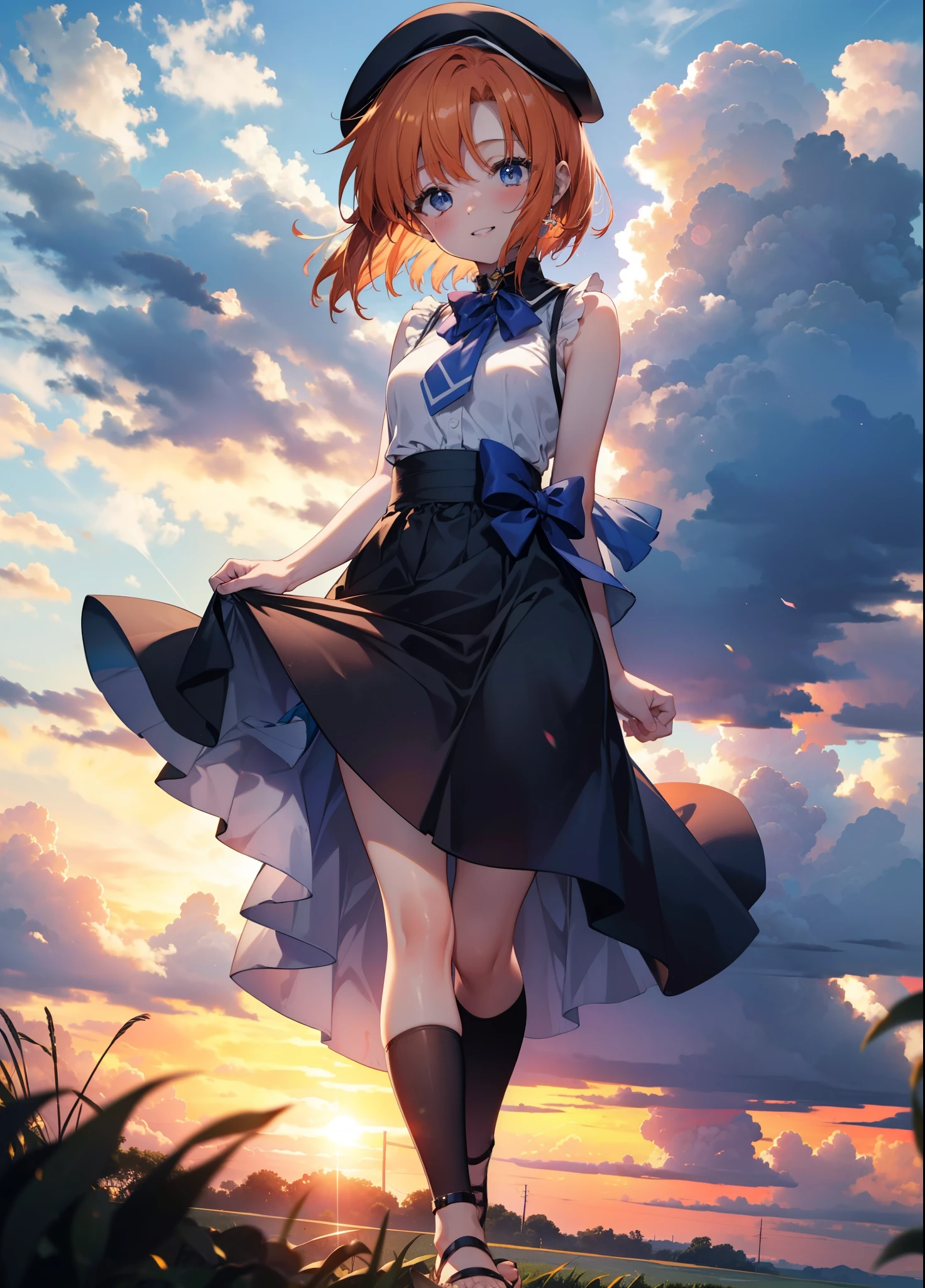 kidney, Rena Ryuuguu, Orange Hair, short hair, blue eyes, smile, blush,Grin,(Small breasts:1.2),beret,Sleeveless dress,Long skirt,Heeled Sandals,morning,morning陽,The sun is rising,Paddy field,walking,whole bodyがイラストに入る,
壊す looking at viewer,whole body,
Destroy outdoors, Destroy the countryside (masterpiece:1.2), Highest quality, High resolution, unity 8k wallpaper, (shape:0.8), (Beautiful attention to detail:1.6), Highly detailed face, Perfect lighting, Extremely detailed CG, (Perfect hands, Perfect Anatomy),