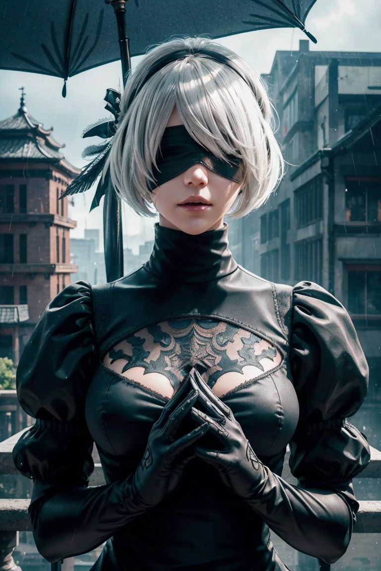 2B Nier Automata,Bobcut, Gray Hair,Long sleeve, Juliet Sleeve, White gloves, turtleneck, bangs, Feather ornament, Feather ornament sleeves, Blindfold, Black Goth Dress,Japanese Ultra HD,super high quality,masterpiece,Digital SLR,Photorealistic,Detailed details,Vivid details,Depicted in detail,A detailed face,Detailed details,Super Detail,Realistic skin texture,Anatomical basis,Perfect Anatomy,Anatomically correct hand,Anatomically correct fingers,Complex 3D rendering,Sexy pose,Rainy Sky,Beautiful scenery,Fantastic rainy sky,Fantasy worldview,Picturesque,Pink Lips,Black butterfly々Fluttering,