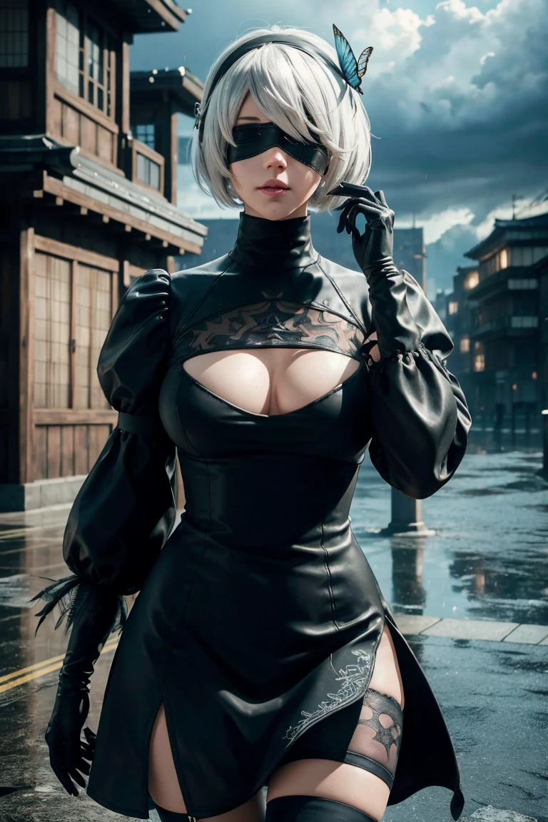 2B Nier Automata,Bobcut, Gray Hair,Long sleeve, Juliet Sleeve, White gloves, turtleneck, bangs, Feather ornament, Feather ornament sleeves, Blindfold, Black Goth Dress,Japanese Ultra HD,super high quality,masterpiece,Digital SLR,Photorealistic,Detailed details,Vivid details,Depicted in detail,A detailed face,Detailed details,Super Detail,Realistic skin texture,Anatomical basis,Perfect Anatomy,Anatomically correct hand,Anatomically correct fingers,Complex 3D rendering,Sexy pose,Rainy Sky,Beautiful scenery,Fantastic rainy sky,Fantasy worldview,Picturesque,Pink Lips,Black butterfly々Fluttering,