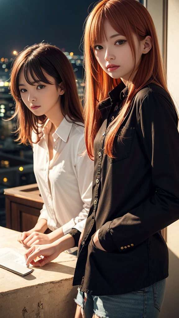 (Natural strawberry blonde and redhead girls with pretty faces), Cute pose, wearing a button shirt, body, skinny, Atmospheric, Dark atmosphere, Edge lighting, Sayaka Yamamoto, Saito Asuka, Mao Akiyama's facial features, 8K, Full body portrait, Elegant outfit, Natural light, Spooky greenhouse at night, Sharp focus, (Highly detailed eyes and face, Professional photography techniques), (Beautiful small face, beautiful girl, high , Idol Face, Baby Face:1.4)Happy, K UHD, Hmph, Beautiful and soft skin, Vibrant Skin, blush, (Chirarizum:1.3, Unbutton your shirt:1.5), ((Beautiful breasts, Cleavage)), (Small beautiful butt), (Detailed hands:1.1, The optimal ratio is four fingers to one thumb), Perfect proportions, (Perfect Anatomy:1.3), (Highest quality, Masterpiece, Highest quality, Ultra high definition, Photorealism:1.4), ((Touching each other's breasts:1.2))