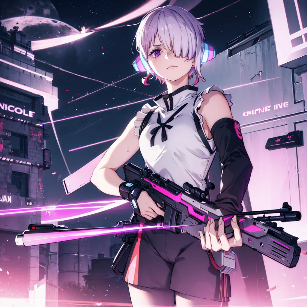 ((Gray Hair　Short Hair　sniper rifle　Close one eye)，((Crow　night　Red full moon))，(rooftop　Drop shoulder　Sailor suit　Shiny Earrings　Neon Pink　Neon Blue　purple)，　Jetpack　Sweat　A tense look　Also々funny Face　Headphones