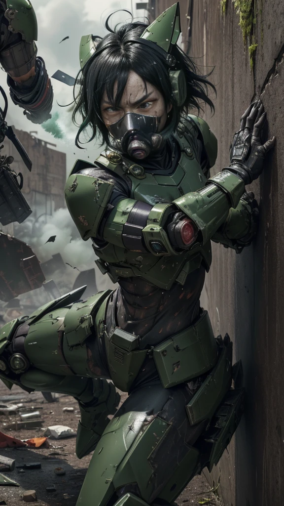 , Advanced Details, high quality, 最high quality, High resolution, 1080P 、Bleeding from the wound、Sexy Eyes、Wearing green and black、cute((The whole body is sweating))(Equipped with a damaged battle suit....)(Dark green armor)(Broken Armor)Black Hair、Chiquita、short hair、Open your mouth、Painful expression、It hurts again、Healthy Skin、20-year-old female defeat (Steam coming out of the face) ((Steam from the body)) Unable to fight Severe attacks ((I was thrown against the wall、Head gear is broken. )) flying debris bare hands Armor Stripping Gas mask explodes