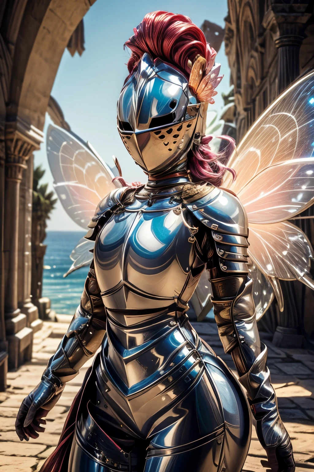 A knight as a tiny glowing fairy, Kardia, butterfly_wings, KARDIAOFRHODES, HELMET, PLUME (Best quality)