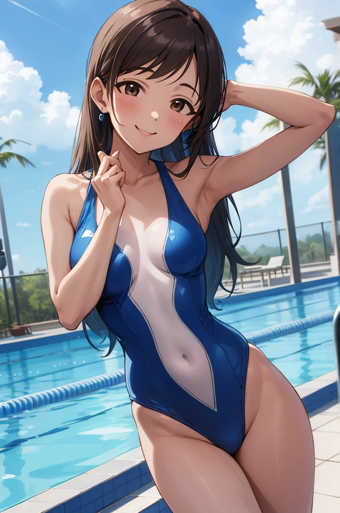 masterpiece, best quality, highres, aaanitta, long hair, medium breasts, blue one-piece swimsuit, collarbone, idolmaster, poolside, smile, standing, cowboy shot,