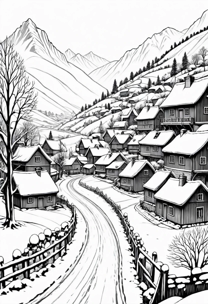 thin line drawing, lineart, fine stroke, village in winter, monochromatic, black andwhite. no shadows, no gray color, lineart style