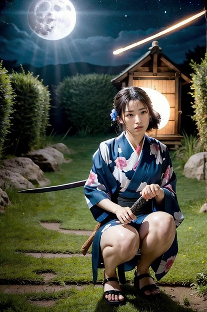 (Realistic:1.3), In detail, quality, Rembrandt Lighting, (masterpiece:1.2), (photoRealistic:1.2), (best quality), (Detailed skin:1.3), (Intricate details), dramatic, Ray Tracing, One girl, Japanese Girls, 21 years old, Detailed skin texture, (blush:0.5), (It gives me goosebumps:0.5), Scattered beneath the surface, stare, anger, Serious expression, Medium chest, Updo, bangs, Hair between the eyes, kimono, kimono, Floral print, Half-squat, Action pose, (Sword Drawing Technique:1.1), (night, night sky, Wide々Grassland, full moon),