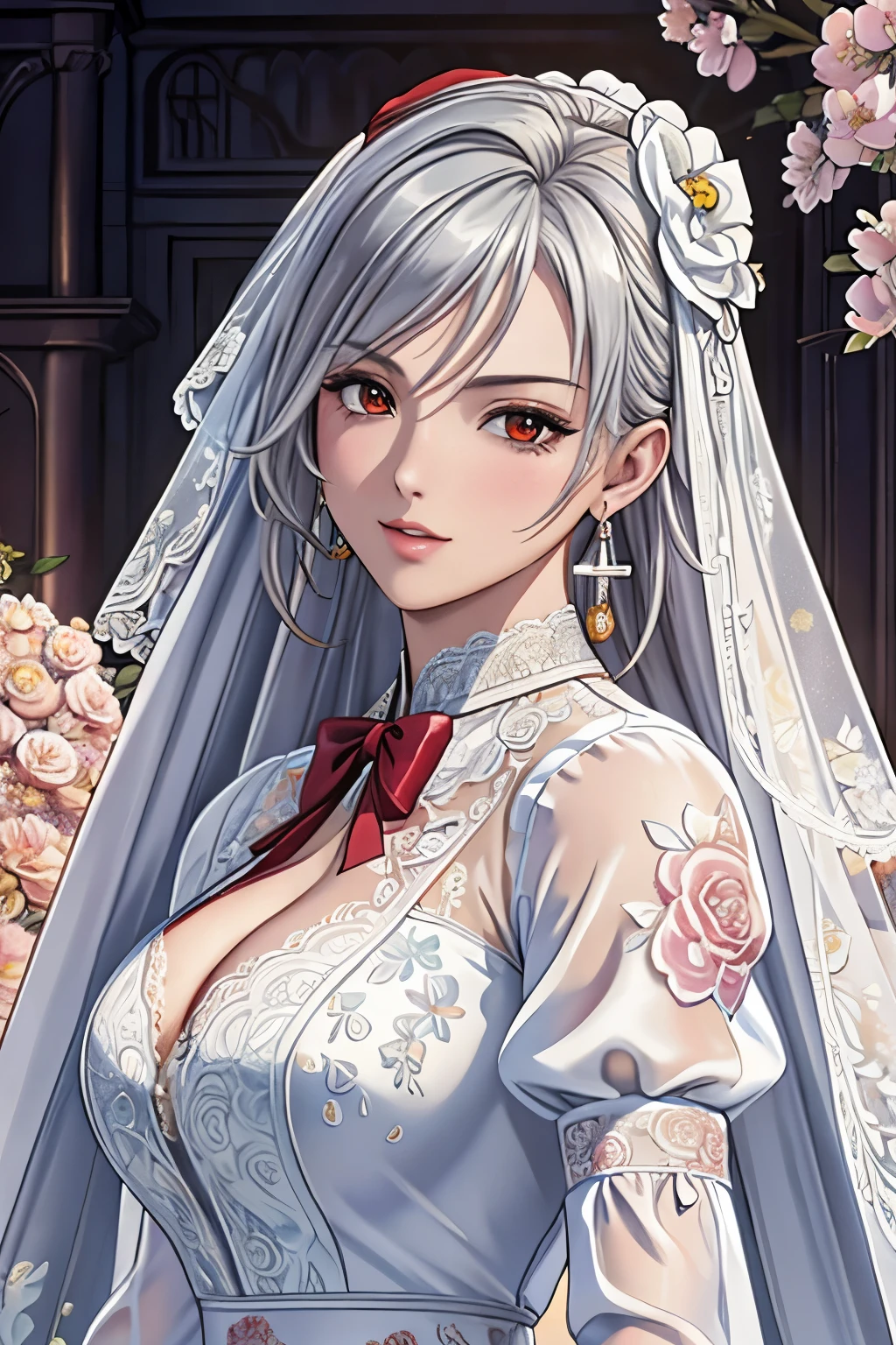 (​masterpiece, top-quality, top-quality, Official art, Beautifully Aesthetic:1.2), red eyes, (highest quality, masterpiece painting:1.3), immature woman, 16 years old, (half body shot), masterpiece, ultra high resolution, (((bridal veil, lace-trimmed dress, see-through, wedding dress, outdoors, white roses, (long sleeves:1.2), red bow,))), Decorative panel, abstract art, (shot from a side angle), (Photoreal:1.0), ((light silver hair)),straight hair, beautiful shining hair, white and shining skin, Painterly, sketch, Texture, 超A high resolution, solo, Beautuful Women, A highly detailed, (Fractal Art:1.1), (colourfull:1.1), (florals:1.6), The most detailed, (Zentangle:1.2), (Dynamic Poses), (Abstract background:1.3), (shinny skin), (Many colors:0.8), (earrings:1.4), (pluma:0.9), Taisho romance,