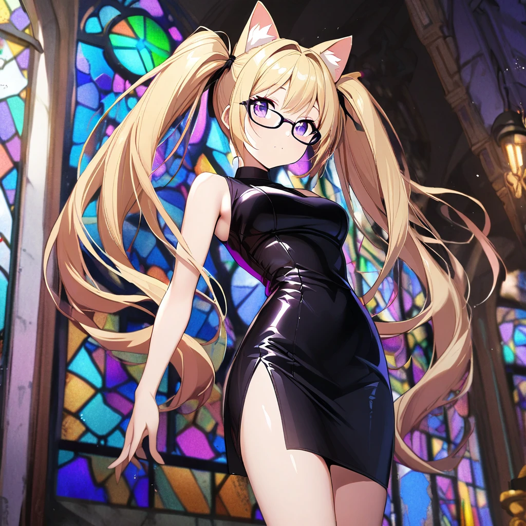 1girl,solo,long twin tails,cat ears,blonde hair color,purple eye color,Glasses,glossy black long pencil skirt dress,standing up,near,Stained glass background