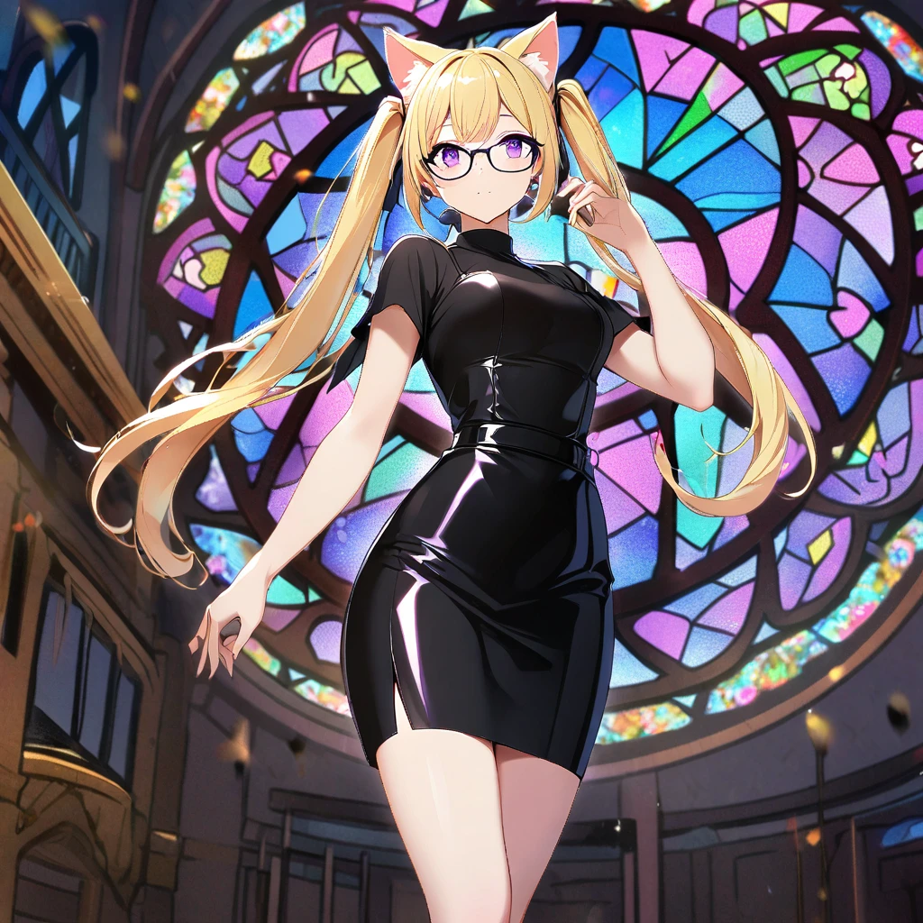 1girl,solo,long twin tails,cat ears,blonde hair color,purple eye color,Glasses,glossy black long pencil skirt dress,standing up,near,Stained glass background