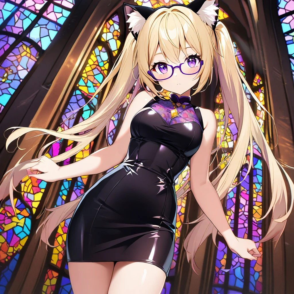 1girl,solo,long twin tails,cat ears,blonde hair color,purple eye color,Glasses,glossy black long pencil skirt dress,standing up,near,Stained glass background