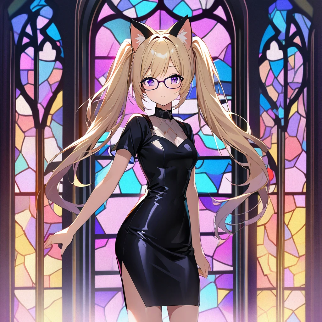 1girl,solo,long twin tails,cat ears,blonde hair color,purple eye color,Glasses,glossy black long pencil skirt dress,standing up,near,Stained glass background