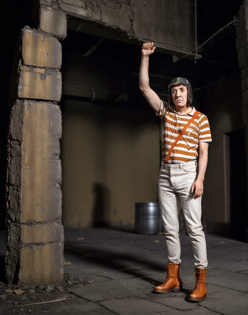 cinematic photo , ElChavodel8Quiron man, (a man wearing scientist outfit:1.4), at crumbling skyscraper, precarious structures, shattered glass, urban decay, . 35mm photograph, film, bokeh, professional, 4k, highly detailed,jeans yellow,black boots,old shirt with orange stripes,barrel.