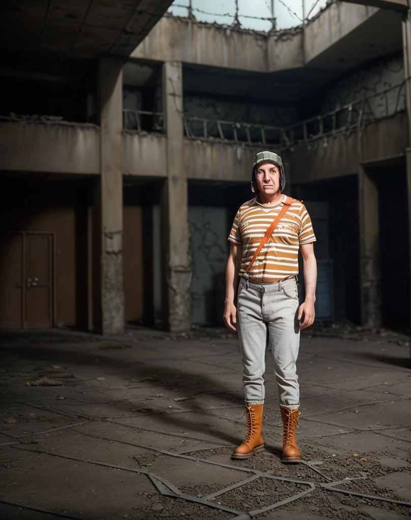 cinematic photo , ElChavodel8Quiron man, (a man wearing scientist outfit:1.4), at crumbling skyscraper, precarious structures, shattered glass, urban decay, . 35mm photograph, film, bokeh, professional, 4k, highly detailed,jeans yellow,black boots,old shirt with orange stripes,barrel.