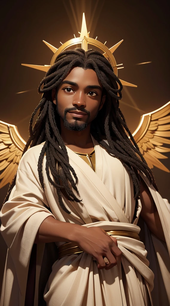 A black man as Jesus, (best quality, 4k, highres, masterpiece:1.2), ultra-detailed, (realistic, photo-realistic:1.37), vibrant colors, dramatic lighting, heavenly aura, spiritual essence, flowing robes, serene expression, majestic presence, divine radiance, sacred atmosphere, disciples in awe, halo, crown of thorns, sorrowful eyes, compassionate smile, outstretched arms, golden backdrop, heavenly light, ethereal glow, divine beauty, uplifting inspiration, iconic portrait, religious symbolism, profound spirituality, biblical imagery.
