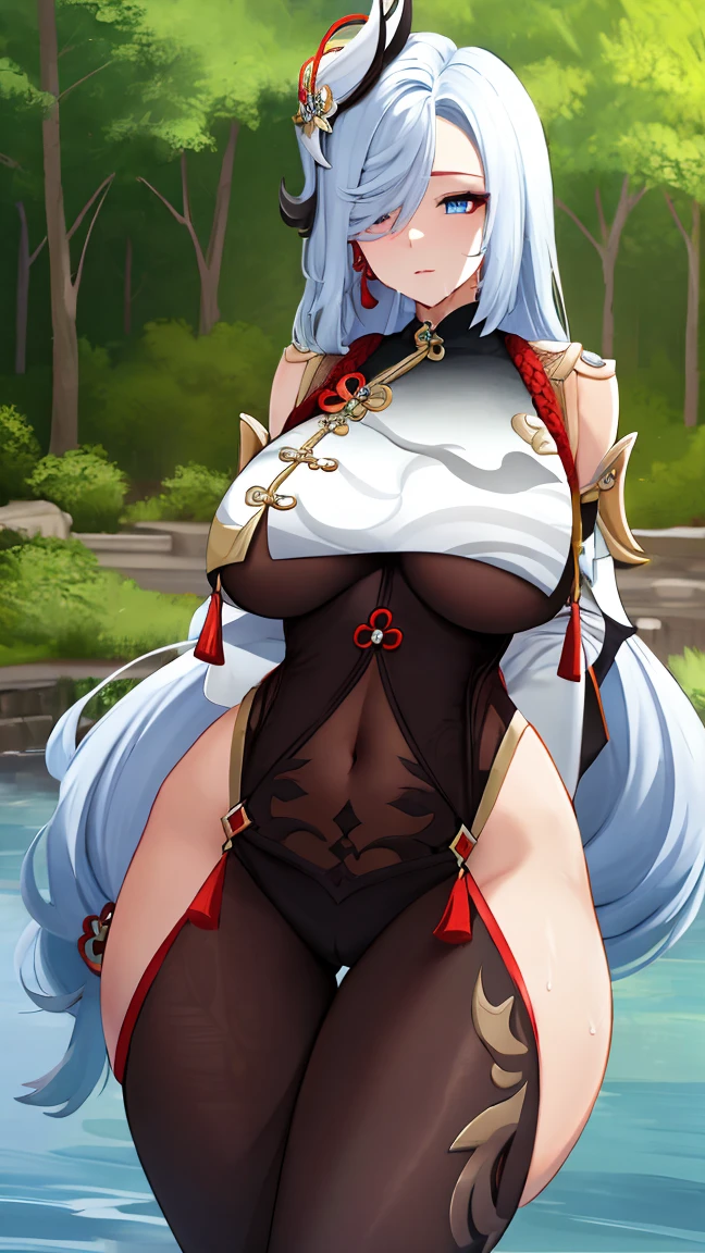 Masterpiece, high quality, shenhe \(genshin impact\), genshin impact, big breasts, busty, sexy, wide hips, white hair, blue eyes, hair ornament, long hair, breast curtains, bodystocking, hip vent, outdoor, wet, shenhev4, thick thighs