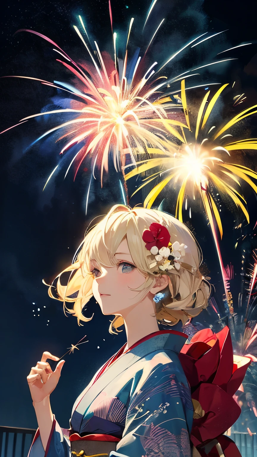 (((Simple configuration)))、Fireworks are the main thing、Long Shot、One Girl、Perfect Anatomy、絵のようにbeautiful、sketch、Very delicate、Cloud-like wall、、Floral、Delicate depiction、Abstract、Bright colors overall、Gentle color、kimono、Taisho romance、(masterpiece、Highest quality、Highest quality、Official Art、beautiful, beautiful:1.2)、BREAK、Night Time、Fireworks in the sky、beautiful花火、Large fireworks blooming at night