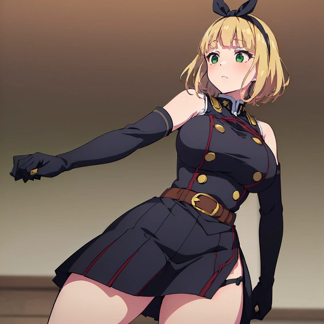 ((1girl)), ((alone)),shushu suruga, ((extremely detailed CG unity 4k wallpaper)), (masterpiece), (ultra quality), (ultra detailed), (best illustration), (best shadow), (extremely detailed), looking at viewer, (absurdities), (detailed background), curvy body, dynamic pose, cowboy photo, medium breasts, medium waist, wide hips, wide thighs, round butt, ((blonde_hair , short_hair, 1 girl, green_eyes, solo, headband, bangs, big_breasts, black bow, uniform, black gloves, elbow-length, military, military_uniform, black uniform with red details, gold buttons, bare thighs, black boots, knee-high , brown belt with gold details, separate_sleeves, sleeveless,)), smile, mouth closed)), standing, cowboy photo, backlight, ((only)), ((standing: 1.4, outdoor, park, cityscape ,trees ,(stoic,blushing,sexy expression, closed mouth, sexy pose), looking forward, ((focus on hips), point of view: (from below), perfect anatomy, perfect hands,