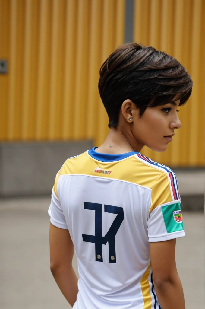 Woman turning her back with short hair, with the Colombian national team shirt, stamped with Leidy's name. Inside a football stadium