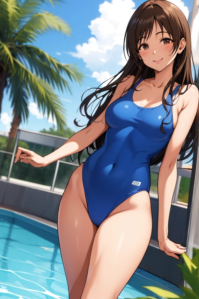 masterpiece, best quality, highres, aaanitta, long hair, medium breasts, blue one-piece swimsuit, collarbone, idolmaster, poolside, smile, standing, cowboy shot,