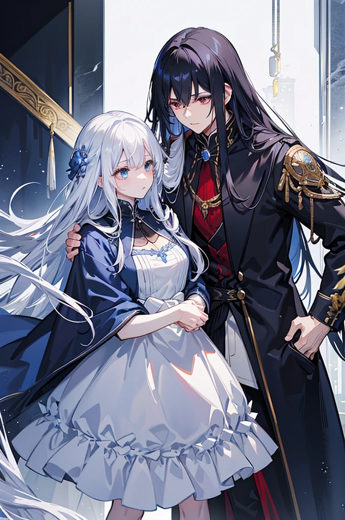 A man with black hair and red eyes is holding a woman with white hair and blue eyes close to her waist and lifting her chin、The woman has long, wavy hair and is wearing braids.、Wearing hair ornaments、blue and white lace dress、Garter Ring、The man is wearing a cloak、Fantasy