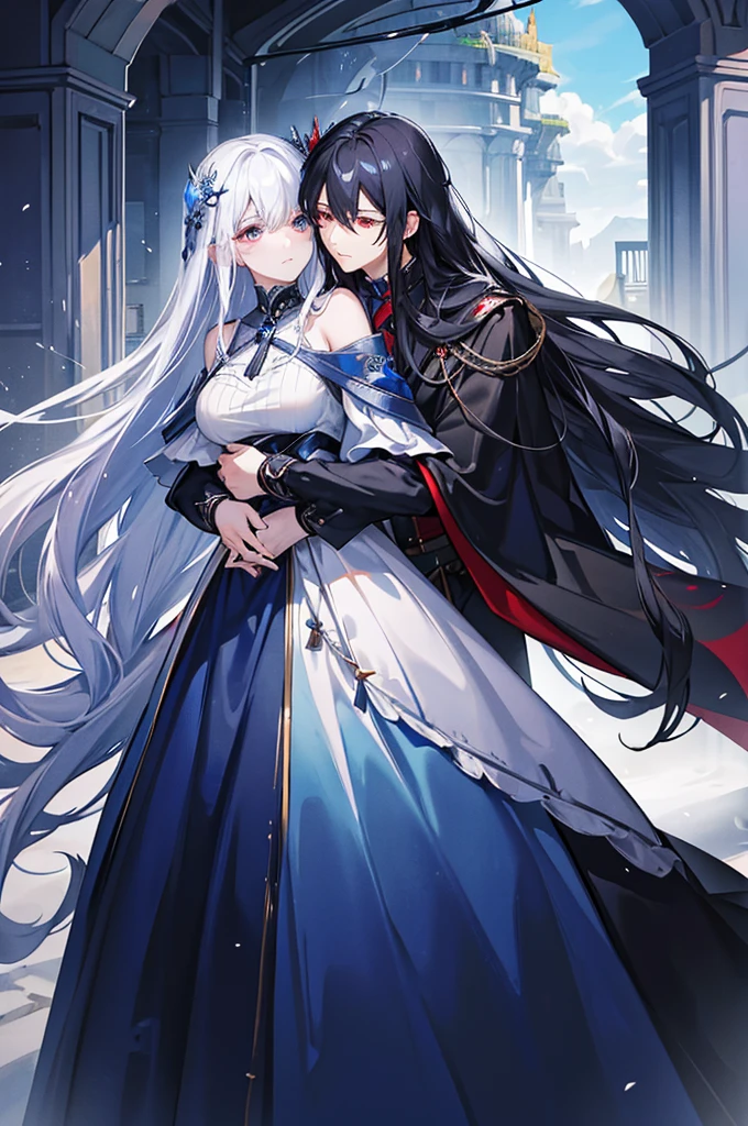 A man with black hair and red eyes is holding a woman with white hair and blue eyes close to her waist and lifting her chin、The woman has long, wavy hair and is wearing braids.、Wearing hair ornaments、blue and white lace dress、Garter Ring、The man is wearing a cloak、Fantasy