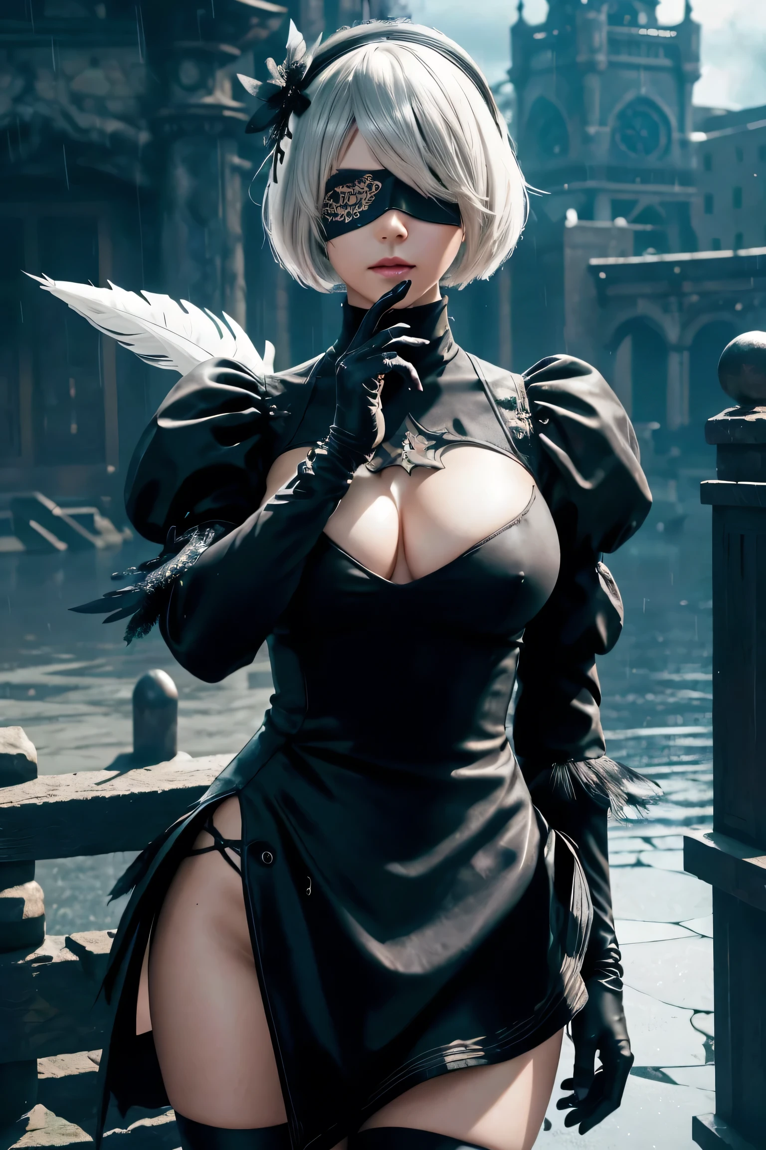 2B Nier Automata,Bobcut, Gray Hair,Long sleeve, Juliet Sleeve, White gloves, turtleneck, bangs, Feather ornament, Feather ornament sleeves, Blindfold, Black Goth Dress,Japanese Ultra HD,super high quality,masterpiece,Digital SLR,Photorealistic,Detailed details,Vivid details,Depicted in detail,A detailed face,Detailed details,Super Detail,Realistic skin texture,Anatomical basis,Perfect Anatomy,Anatomically correct hand,Anatomically correct fingers,Complex 3D rendering,Sexy pose,Rainy Sky,Beautiful scenery,Fantastic rainy sky,Fantasy worldview,Picturesque,Pink Lips,Black butterfly々Fluttering,