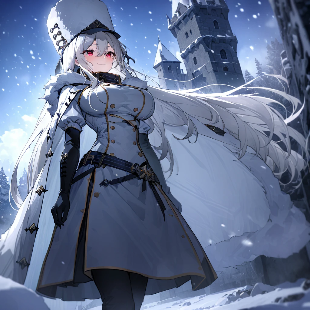 A woman wearing a white 1700s Russian madam's dress, wearing a black fur cape with black trim, white fox fur hat, black boots, 1700s European aesthetic, white hair, long hair, red eyes, large breasts , walking outside a large medieval castle, standing on a concrete platform, location in winter, snowing, trees covered in snow, blue sky with clouds, close view, smiling,UHD , prime work , accurate , anatomically correct , textured skin , super details , high quality , best quality, 8k, high resolution, bokeh effect. (woman alone)
