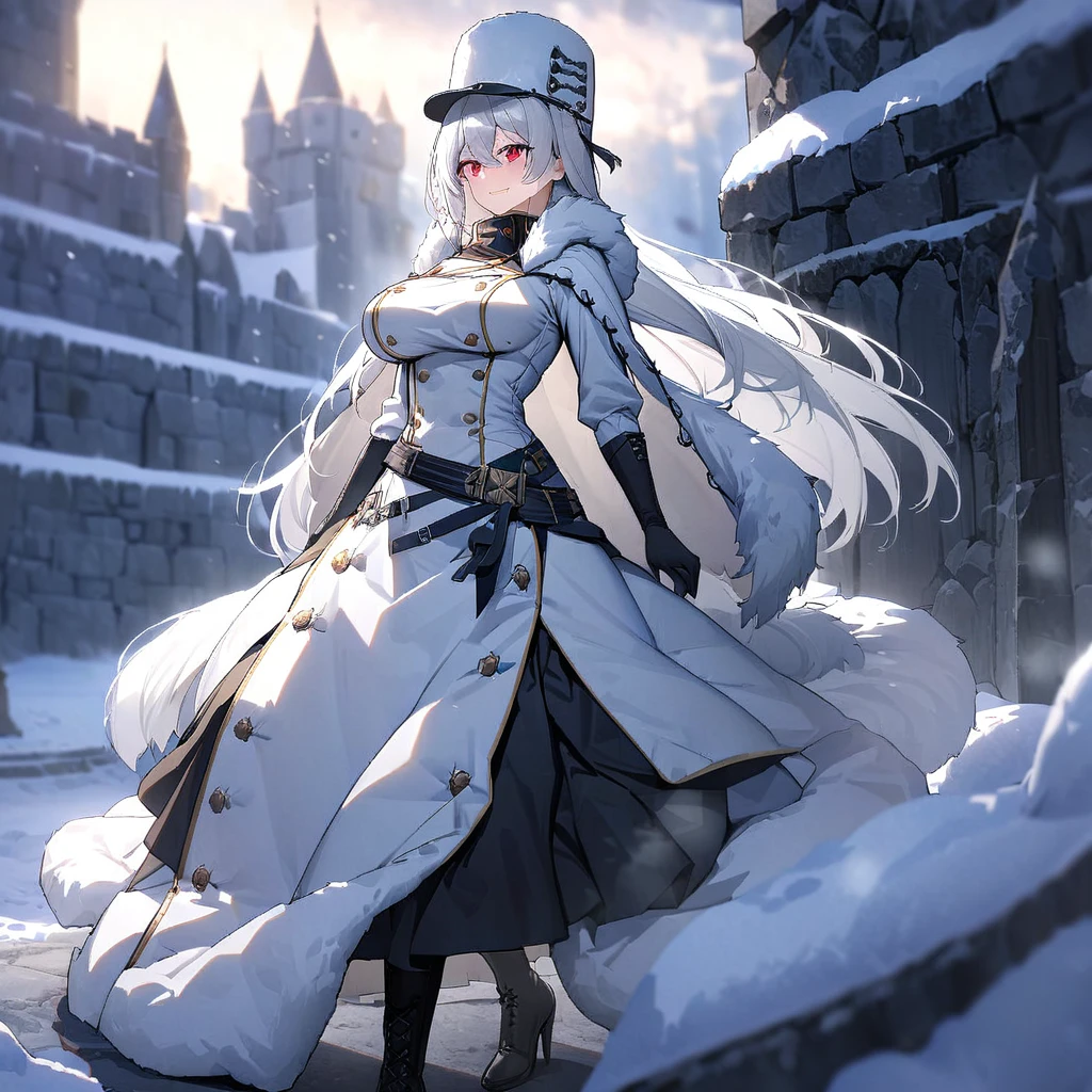 A woman wearing a white 1700s Russian madam's dress, wearing a black fur cape with black trim, white fox fur hat, black boots, 1700s European aesthetic, white hair, long hair, red eyes, large breasts , walking outside a large medieval castle, standing on a concrete platform, location in winter, snowing, trees covered in snow, blue sky with clouds, close view, smiling,UHD , prime work , accurate , anatomically correct , textured skin , super details , high quality , best quality, 8k, high resolution, bokeh effect. (woman alone)
