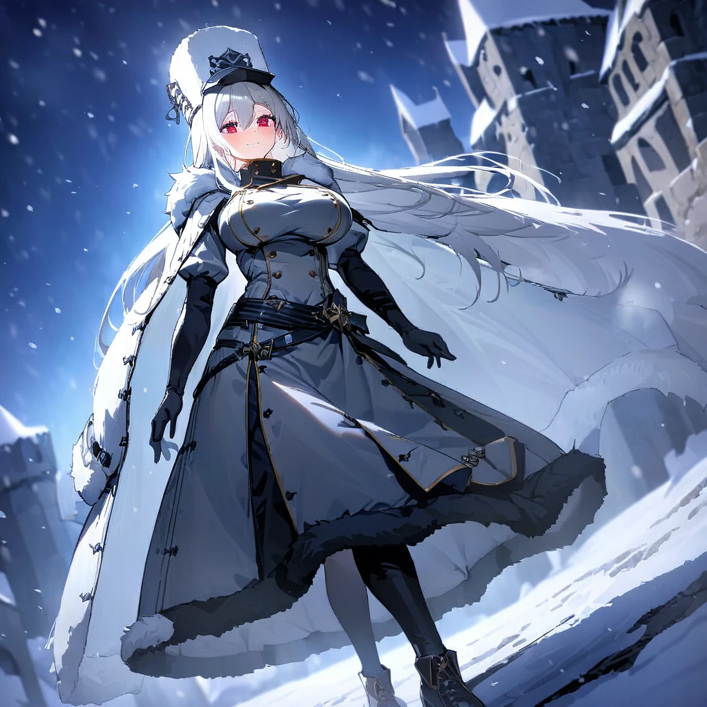 A woman wearing a white 1700s Russian madam's dress, wearing a black fur cape with black trim, white fox fur hat, black boots, 1700s European aesthetic, white hair, long hair, red eyes, large breasts , walking outside a large medieval castle, standing on a concrete platform, location in winter, snowing, trees covered in snow, blue sky with clouds, close view, smiling,UHD , prime work , accurate , anatomically correct , textured skin , super details , high quality , best quality, 8k, high resolution, bokeh effect. (woman alone)
