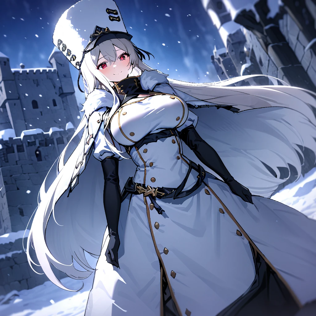 A woman wearing a white 1700s Russian madam's dress, wearing a black fur cape with black trim, white fox fur hat, black boots, 1700s European aesthetic, white hair, long hair, red eyes, large breasts , walking outside a large medieval castle, standing on a concrete platform, location in winter, snowing, trees covered in snow, blue sky with clouds, close view, smiling,UHD , prime work , accurate , anatomically correct , textured skin , super details , high quality , best quality, 8k, high resolution, bokeh effect. (woman alone)
