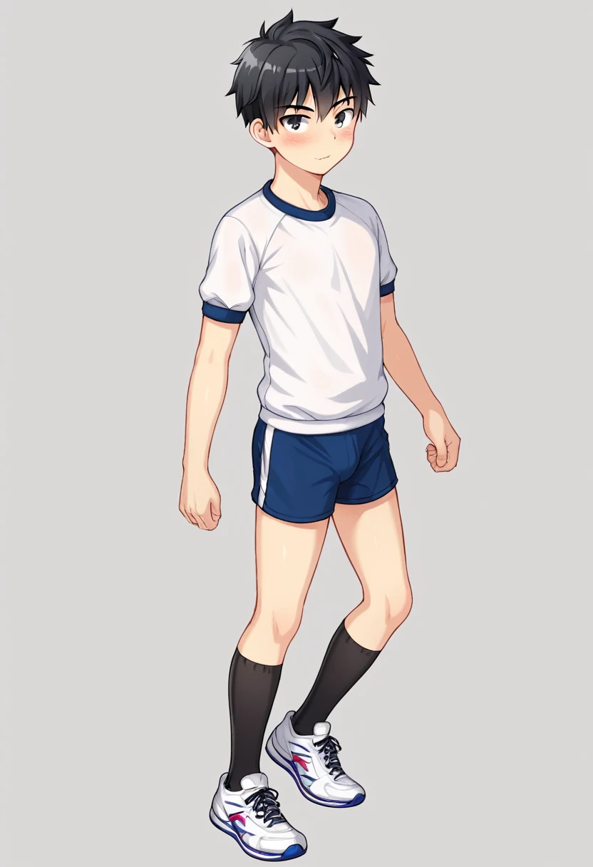 1boy,black hair, black legwear, blush, full body, gym shorts, gym uniform, looking at viewer, male focus, shirt, shoes, short hair, short sleeves, shorts, simple background, sneakers, socks, solo, standing, tomboy, white background, white shirt