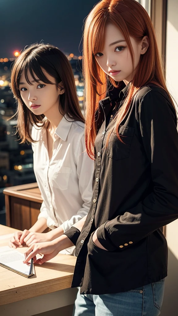 (Natural strawberry blonde and redhead girls with pretty faces), Cute pose, wearing a button shirt,  body, skinny, Atmospheric, Dark atmosphere, Edge lighting, Sayaka Yamamoto, Saito Asuka, Mao Akiyama&#39;s facial features, 8K, Full body portrait, Elegant outfit, Natural light, Spooky greenhouse at night, Sharp focus, (Highly detailed eyes and face, Professional photography techniques), (Beautiful small face, beautiful girl, high , Idol Face, Baby Face:1.4)Happy, K UHD, Hmph, Beautiful and soft skin, Vibrant Skin, blush, (Chirarizum:1.3, Unbutton your shirt:1.5), ((Beautiful breasts, Cleavage)), (Small beautiful butt), (Detailed hands:1.1, The optimal ratio is four fingers to one thumb), Perfect proportions, (Perfect Anatomy:1.3), (Highest quality, Masterpiece, Highest quality, Ultra high definition, Photorealism:1.4), ((Touching each other's breasts:1.2))