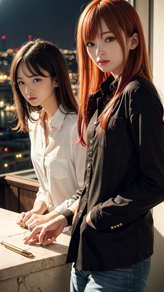 (Natural strawberry blonde and redhead girls with pretty faces), Cute pose, wearing a button shirt, body, skinny, Atmospheric, Dark atmosphere, Edge lighting, Sayaka Yamamoto, Saito Asuka, Mao Akiyama's facial features, 8K, Full body portrait, Elegant outfit, Natural light, Spooky greenhouse at night, Sharp focus, (Highly detailed eyes and face, Professional photography techniques), (Beautiful small face, beautiful girl, high school student, Idol Face, Baby Face:1.5), smile, Happy, K UHD, Hmph, Beautiful and soft skin, Vibrant Skin, blush, (Chirarizum:1.3, Unbutton your shirt:1.5), ((Beautiful breasts, Cleavage)), (Small beautiful butt), (Detailed hands:1.1, The optimal ratio is four fingers to one thumb), Perfect proportions, (Perfect Anatomy:1.3), (Highest quality, Masterpiece, Highest quality, Ultra high definition, Photorealism:1.4), ((Touching each other's breasts:1.2))