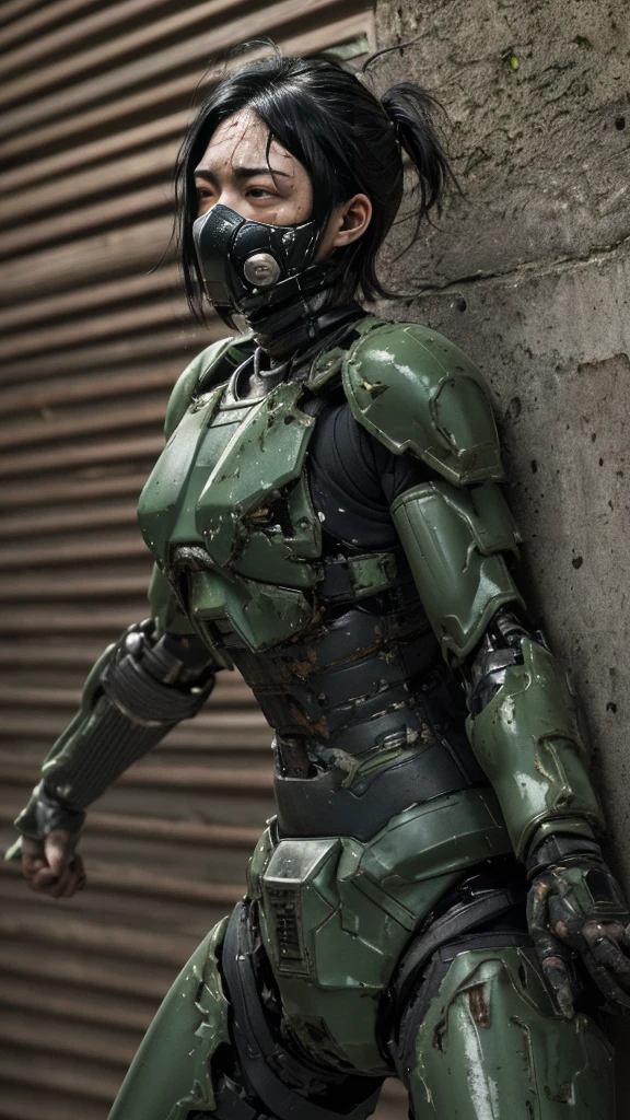 , Advanced Details, high quality, 最high quality, High resolution, 1080P 、Bleeding from the wound、Sexy Eyes、Wearing green and black、cute((The whole body is sweating))(Equipped with a damaged battle suit....)(Dark green armor)(Broken Armor)Black Hair、Chiquita、short hair、Open your mouth、Painful expression、It hurts again、Healthy Skin、20-year-old female defeat (Steam coming out of the face) ((Steam from the body)) Unable to fight Severe attacks ((I was thrown against the wall、Head gear is broken. )) flying debris bare hands Armor Stripping Gas mask explodes