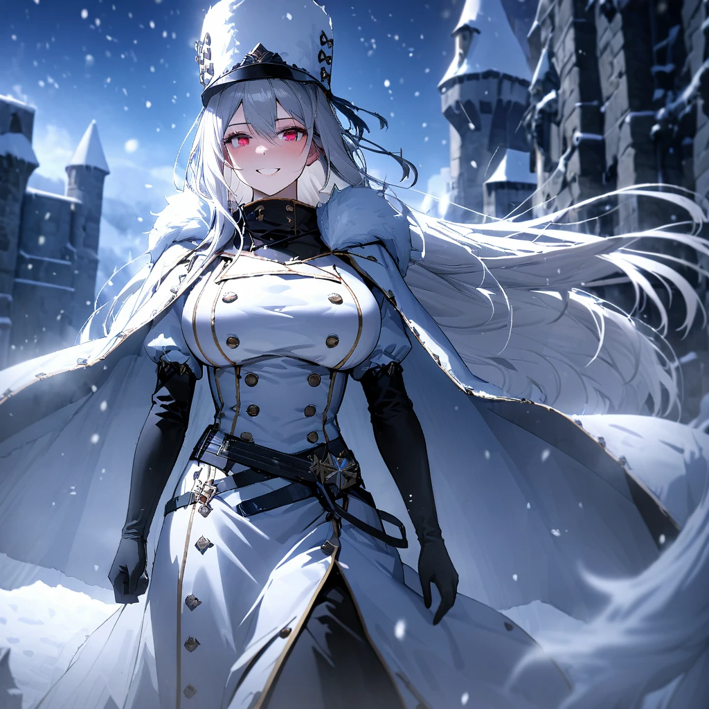 A woman wearing a white 1700s Russian madam's dress, wearing a black fur cape with black trim, white fox fur hat, black boots, 1700s European aesthetic, white hair, long hair, red eyes, large breasts , walking outside a large medieval castle, standing on a concrete platform, location in winter, snowing, trees covered in snow, blue sky with clouds, close view, smiling,UHD , prime work , accurate , anatomically correct , textured skin , super details , high quality , best quality, 8k, high resolution, bokeh effect. (woman alone), realistic
