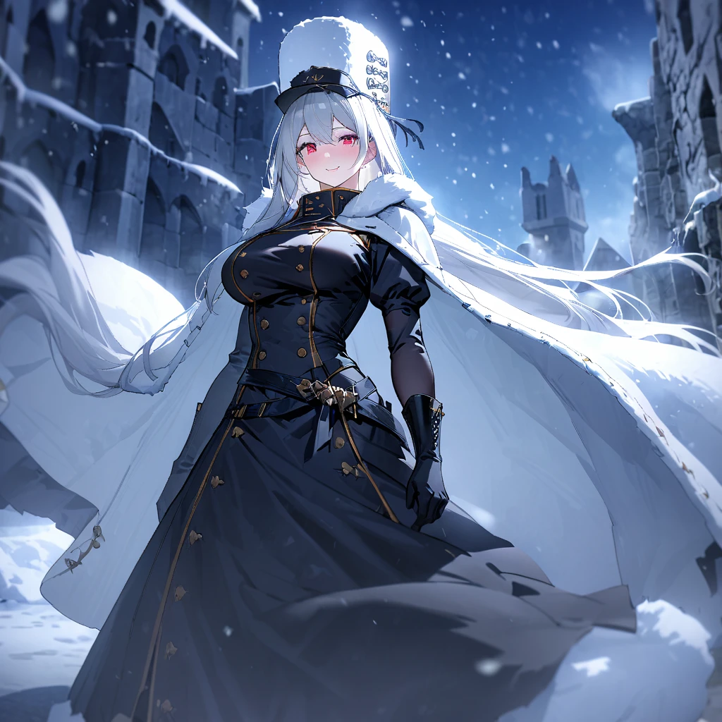 A woman wearing a white 1700s Russian madam's dress, wearing a black fur cape with black trim, white fox fur hat, black boots, 1700s European aesthetic, white hair, long hair, red eyes, large breasts , walking outside a large medieval castle, standing on a concrete platform, location in winter, snowing, trees covered in snow, blue sky with clouds, close view, smiling,UHD , prime work , accurate , anatomically correct , textured skin , super details , high quality , best quality, 8k, high resolution, bokeh effect. (woman alone), realistic
