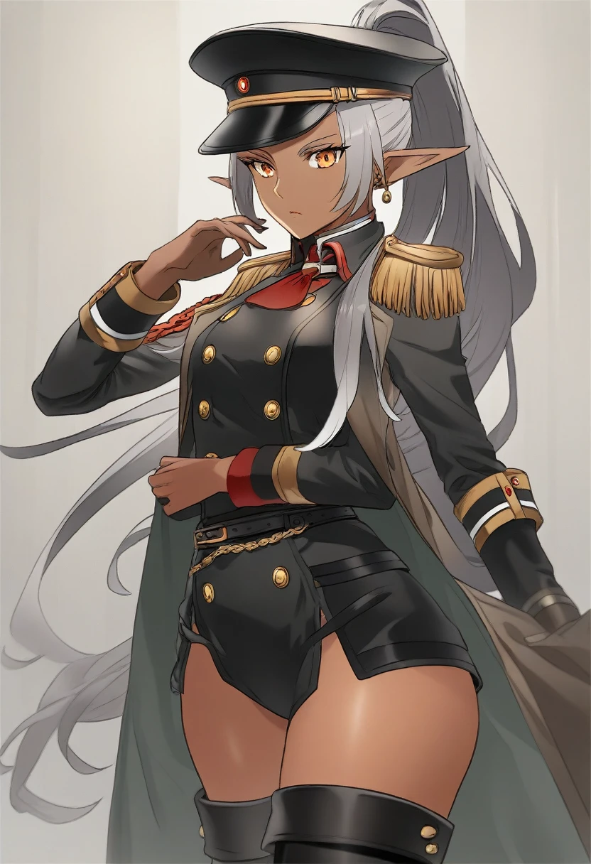 orange eyes,,((brown skin,dark elf,))grey hair,1lady,high ponytail, gold and black coat,jewelry,gold and black uniform,military hat,thigh boots,
