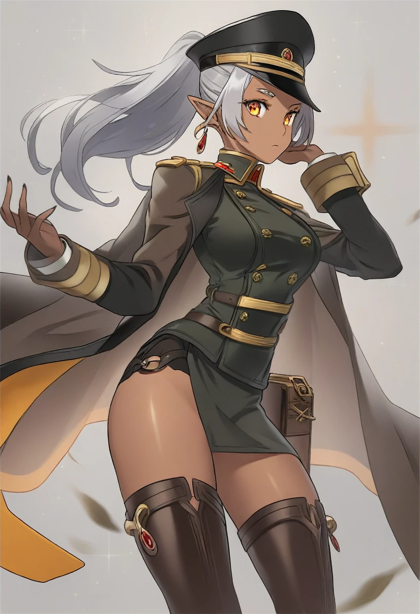 orange eyes,,((brown skin,dark elf,))grey hair,1lady,high ponytail, gold and black coat,jewelry,gold and black uniform,military hat,thigh boots,
