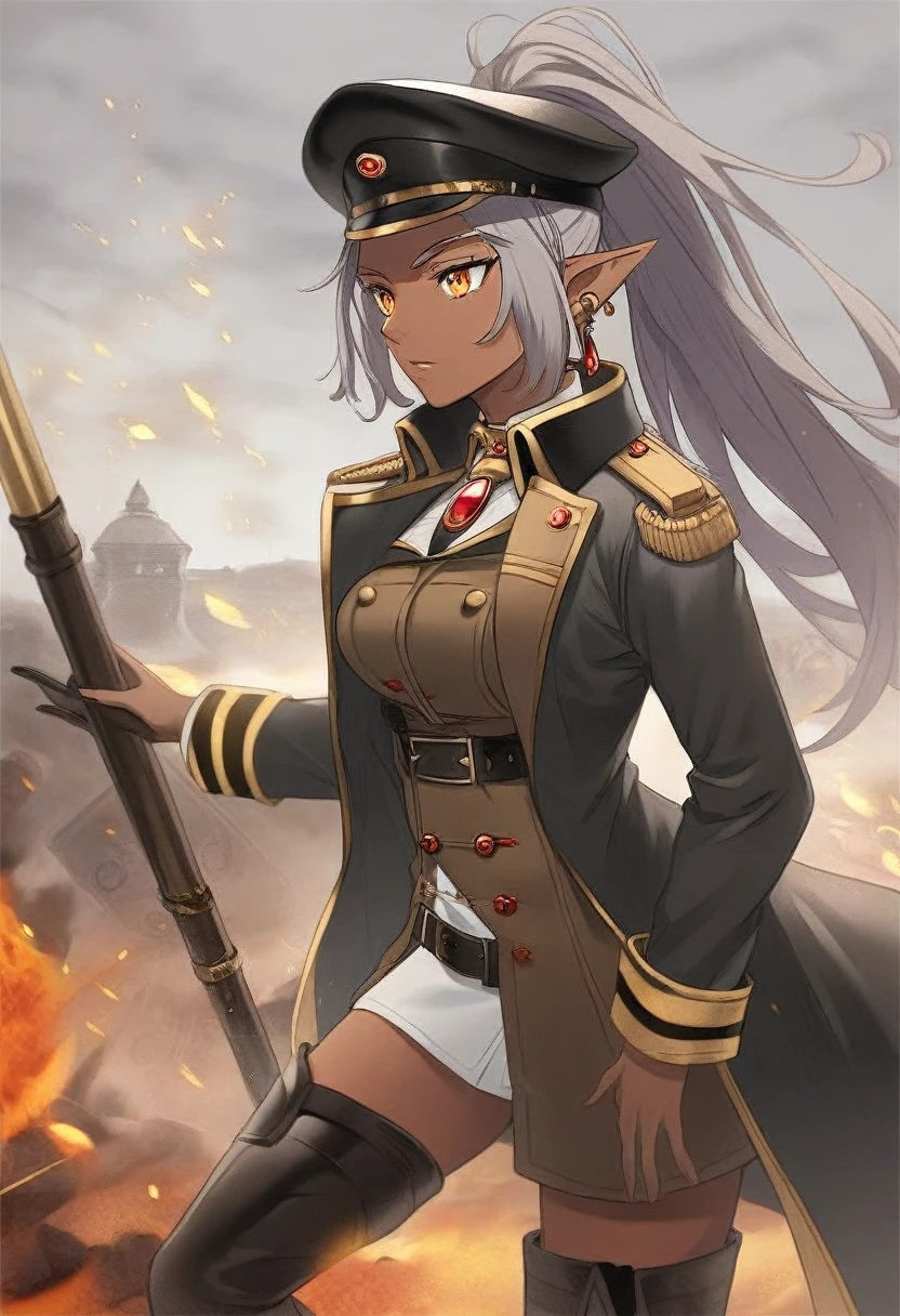 orange eyes,,((brown skin,dark elf,))grey hair,1lady,high ponytail, gold and black coat,jewelry,gold and black uniform,military hat,thigh boots,
