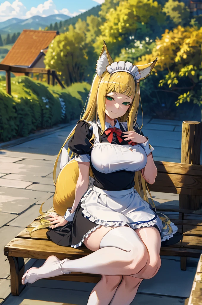 masterpiece, best quality, highres, hmsan, 1girl, animal ears, tail, large breasts, maid headdress, maid, outdoors, bench, sitting, smile,