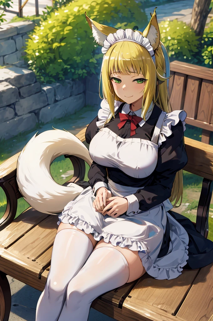 masterpiece, best quality, highres, hmsan, 1girl, animal ears, tail, large breasts, maid headdress, maid, outdoors, bench, sitting, smile,