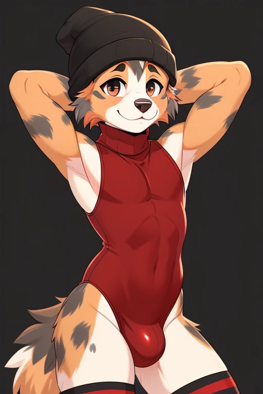 ((SFW)) ((18, cute, furry, Australian Shepherd dog boy femboy wearing a red sleeveless turtleneck leotard with a large bulge, black beanie, and black and red striped thigh-high socks, best quality)) ((hands behind head))