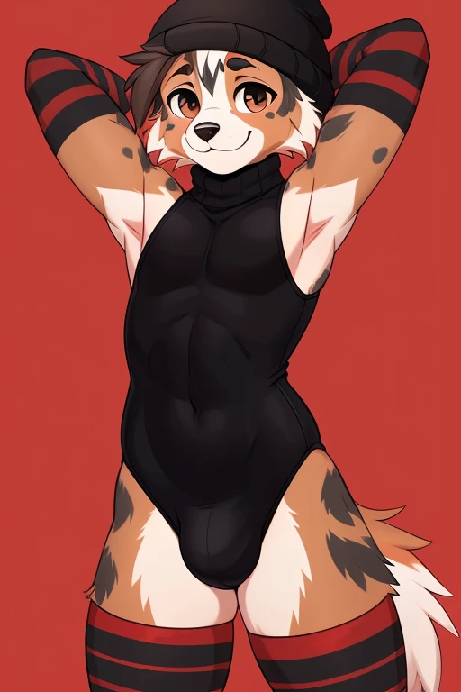 ((SFW)) ((18, cute, furry, Australian Shepherd dog boy femboy wearing a red sleeveless turtleneck leotard with a large bulge, black beanie, and black and red striped thigh-high socks, best quality)) ((hands behind head))