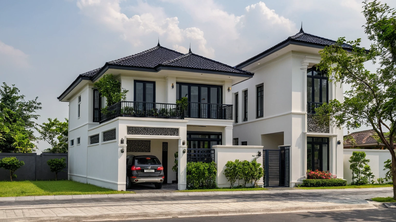 (masterpiece:1.2), best quality, photo of A two-story modern house in VietNam with dark tiles on the roof., dark granite tiled wall, neo classic detail, tree and plant environment,daylight, streetcapes, natural light, vivid color, The exterior of an elegant single family home features large windows, a dark gray door frame.