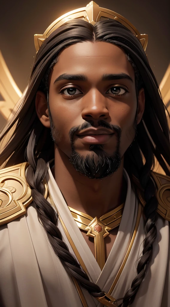 A black man as Jesus, (best quality, 4k, highres, masterpiece:1.2), ultra-detailed, (realistic, photo-realistic:1.37), vibrant colors, dramatic lighting, heavenly aura, spiritual essence, flowing robes, serene expression, majestic presence, divine radiance, sacred atmosphere, disciples in awe, halo, crown of thorns, sorrowful eyes, compassionate smile, outstretched arms, golden backdrop, heavenly light, ethereal glow, divine beauty, uplifting inspiration, iconic portrait, religious symbolism, profound spirituality, biblical imagery.